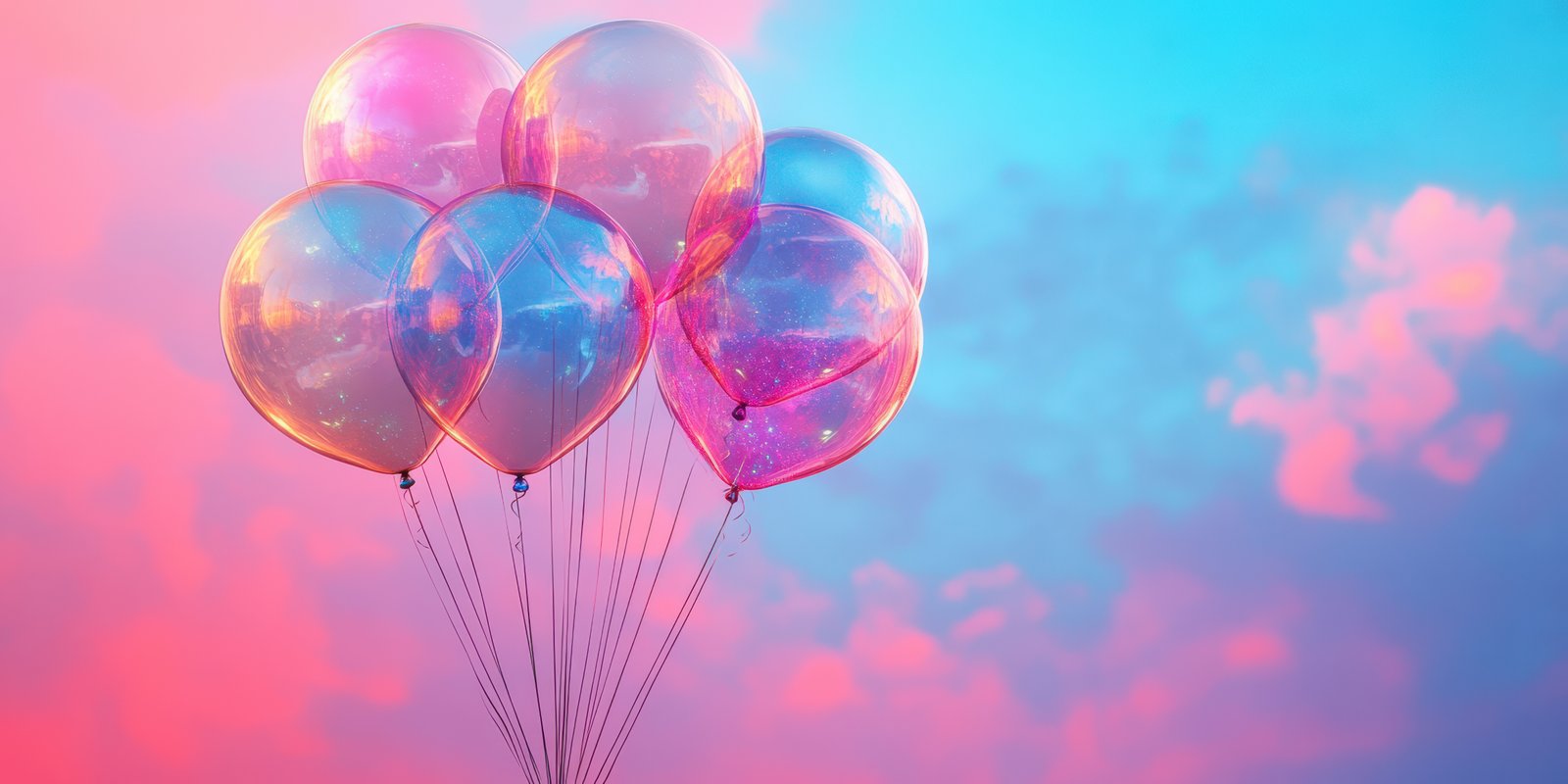 Colorful balloons float in the sky during a vibrant sunset creating a dreamlike atmosphere